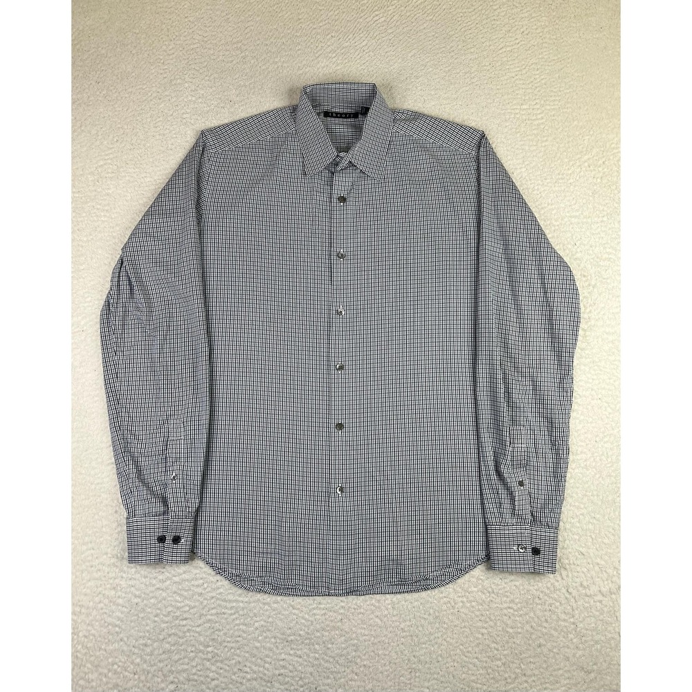 Theory Dress Shirt Mens Medium Blue Gingham Slim Fit Sylvain Cotton Stretch‎ LS